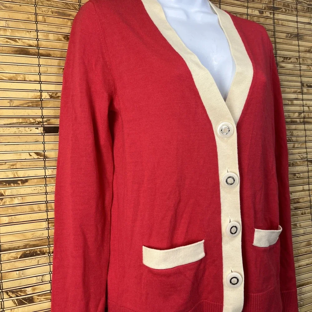 Tory Burch Cardigan Womens S Red Simone‎ Wool Contrast Trim V-Neck Logo Button